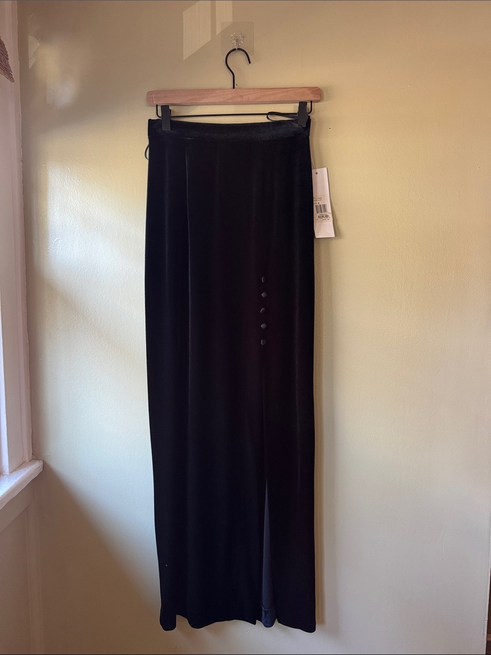 Vintage Black Velvet Maxi Skirt with Front Button Detail